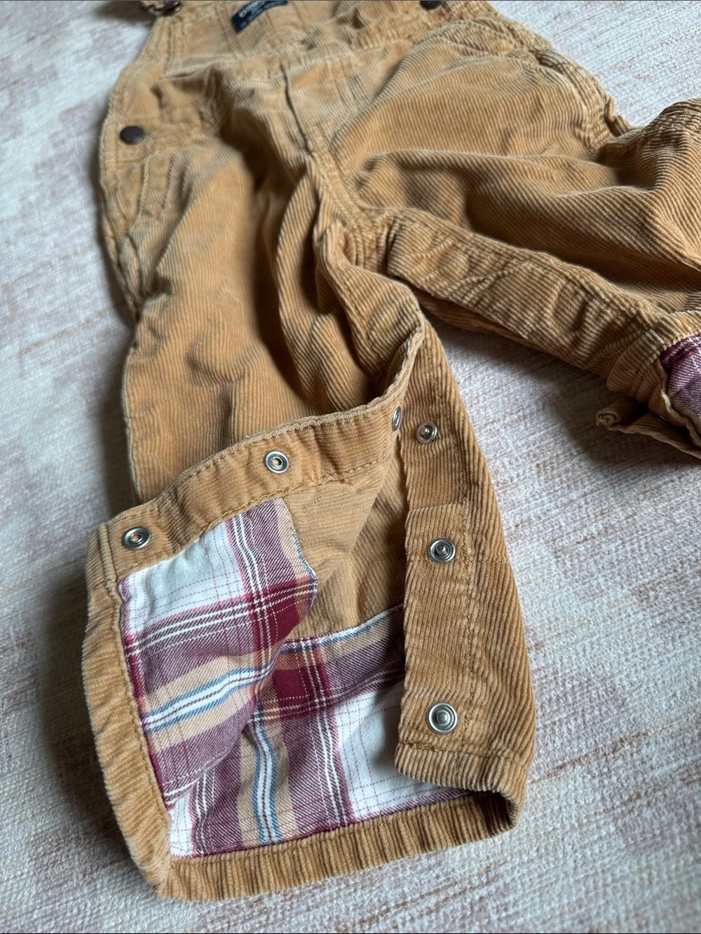 OshKosh B'gosh Toddler Corduroy Overalls in Camel with Plaid Cuffs size 18M